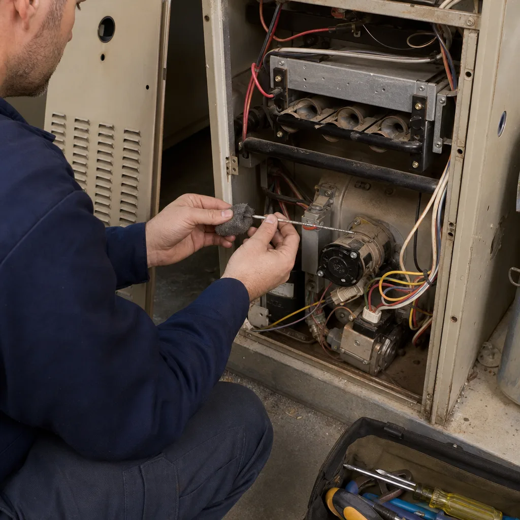 Technician performing furnace repair and maintenance on a home heating system