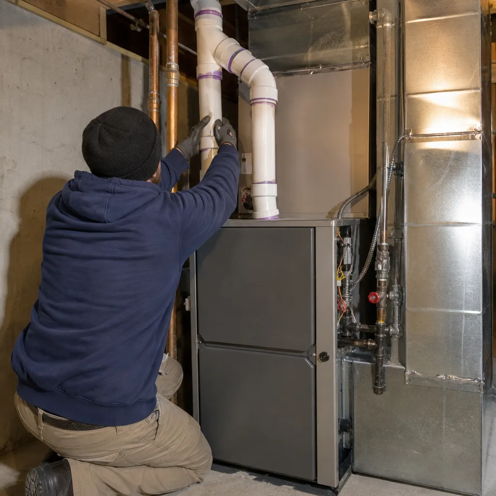 HVAC technician performing professional furnace repair and inspection
