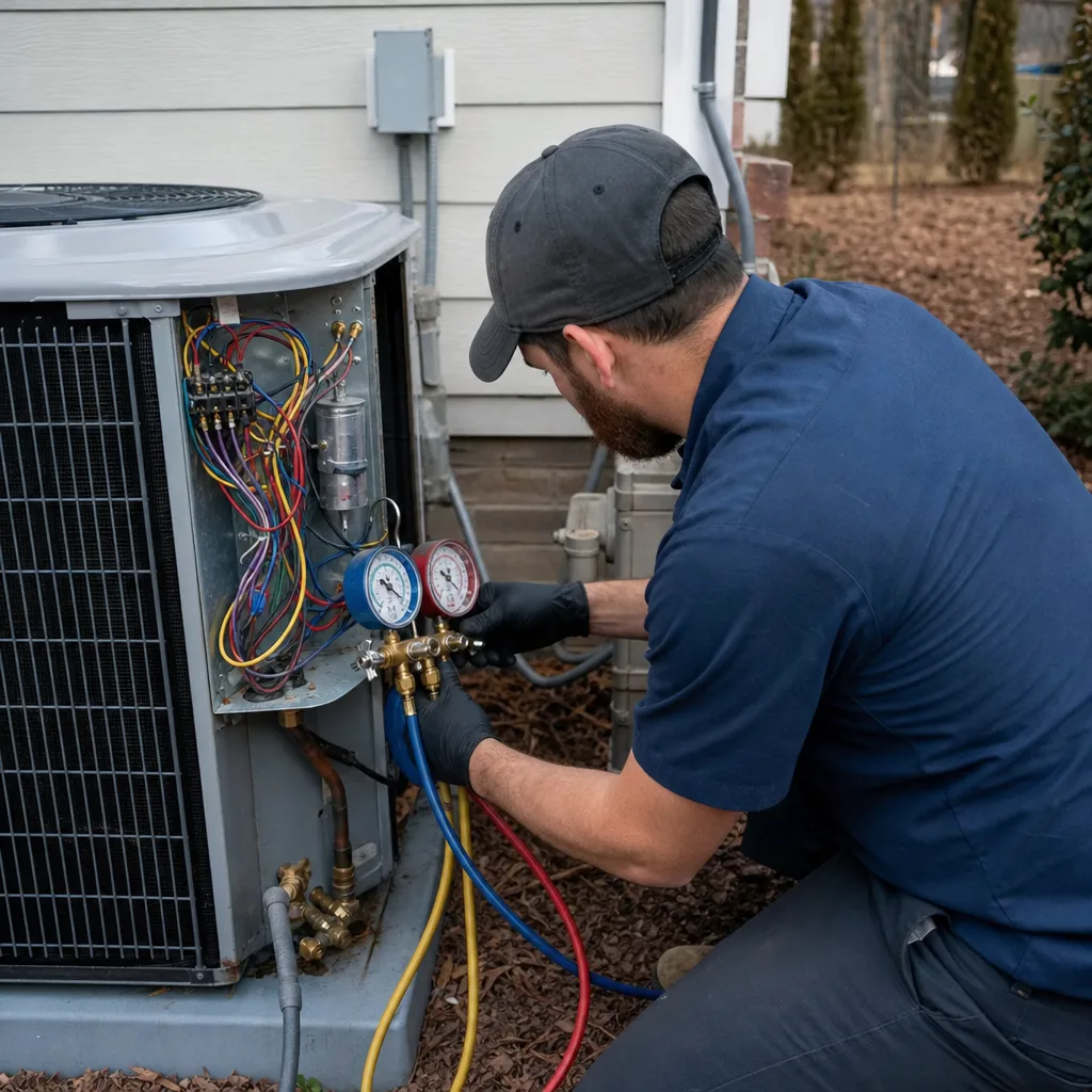 Technician performing professional heat pump installation and maintenance check